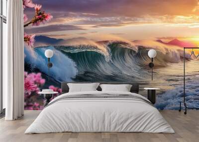 beautiful flower and wave background with hokusai art style Wall mural