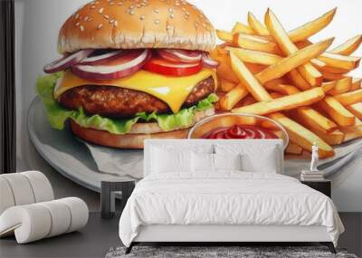 Cheeseburger with red onions, tomato, lettuce, with french fries and ketchup Watercolor Wall mural