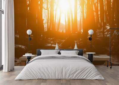 Wooden table with two white vases on the background of the sun in the forest Wall mural