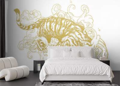 Illustration of golden tiger and waves Wall mural