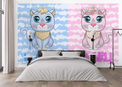 Baby Shower greeting card with Cute Kittens boy and girl. Wall mural