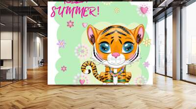 Cartoon tiger hula dancer. Hawaii, Vacation, Sea, Vacation. Summer is coming. Children's style, sweetheart. Symbol of 2022 Wall mural