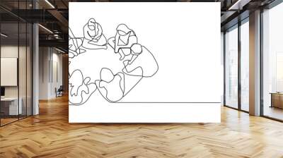 Continuous line drawing group of people sitting, standing, meeting and support Wall mural