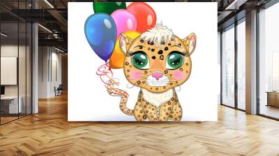 Leopard with beautiful eyes in cartoon style, colorful illustration for children. Leopard cat with characteristic spots Wall mural