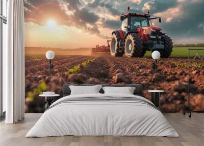 A farmer in a tractors and harvester working in the field to prepares the ground . Agriculture concept suitable for production. A tractor on a soybean farm in the spring sunset. generative ai Wall mural