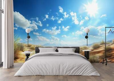 background of sand dunes. Desert landscape with blue sky. Mountains An Dunes In Desert Landscape. Sahara desert at sunrise, mountain landscape with dust on skyline. Generative ai Wall mural