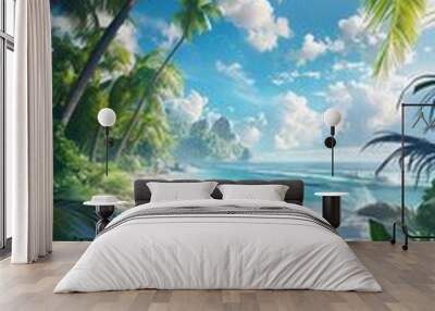 Beautiful Tropical beach with palms and turquoise sea in island without people during daytime. A line of palm trees framing white sand, against the background of a sparkling ocean. Generative ai Wall mural