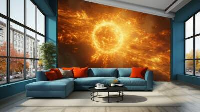 Bright Sun against dark starry sky in Solar System. Powerful Sun Solar Flare Particles coronal mass ejections in space. Generative ai Wall mural