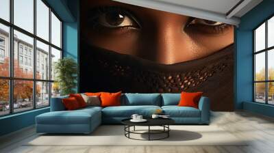 Close up portrait of young Woman muslim in black burqa with hidden face. female brown eyes and face covered. Oriental girl in a burka. Straight look, expressive eyes, close-up portrait. Generative ai Wall mural