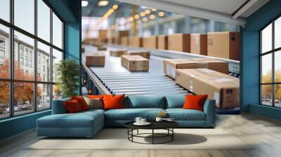 Closeup of multiple cardboard box packages seamlessly moving along a conveyor belt in a warehouse fulfillment center, a snapshot of e-commerce, delivery, automation, and products. Generative ai Wall mural