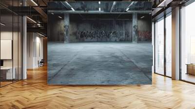 Empty underground parking with graffiti wall abstract background. Idea for artistic pop art background backdrop. Empty open space interior background. Template 3d rendering. Generative ai Wall mural