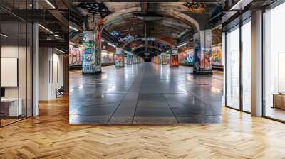 Empty underground subway station with graffiti wall abstract background. Idea for artistic pop art background backdrop. Empty open space interior background. Template 3d rendering. Generative ai Wall mural