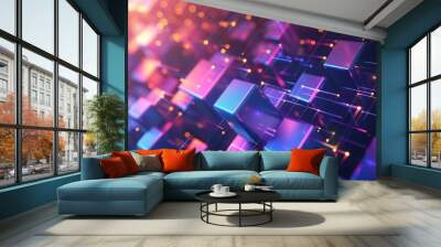 Futuristic technology abstract background with lines and cubes, big data, data center, server, internet, speed. Fantastic wallpaper abstract neon lights into digital technology. Generative ai Wall mural