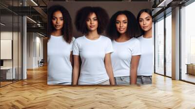 Group of young african american black woman wearing white t-shirts standing together, blank apparel with no print , photo for mock-up of diversity and group of friends,. generative ai Wall mural