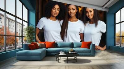 Group of young african american black woman wearing white t-shirts standing together, blank apparel with no print , photo for mock-up of diversity and group of friends,. generative ai Wall mural