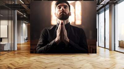 man prayer sitting in church. man praying for god in the church and Jesus giving blessing. Thank you to God for great is your love. Faith in religion and belief in God. Generative ai Wall mural