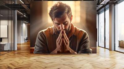 man prayer sitting in church. man praying for god in the church and Jesus giving blessing. Thank you to God for great is your love. Faith in religion and belief in God. Generative ai Wall mural