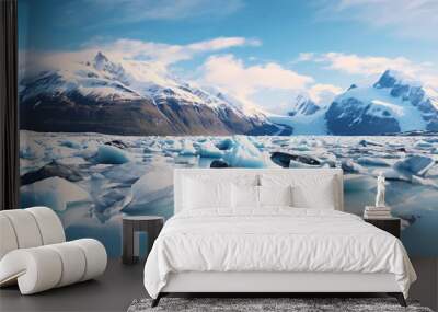 Massive icebergs and Melting glacier against a mountain backdrop. Climate change concept for global warming, rising sea level, crisp cold air. Generative ai Wall mural