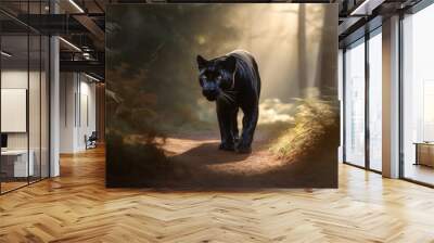 Panther close-up, photography of a Panther in a forest. A black jaguar walking through a jungle stream with green plants and trees in the background with a bright yellow light shining on its eyes Wall mural