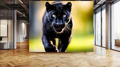 Panther close-up, photography of a Panther. A black jaguar walking through a river stream with green plants and trees in the background with a bright yellow light shining. Generative ai Wall mural