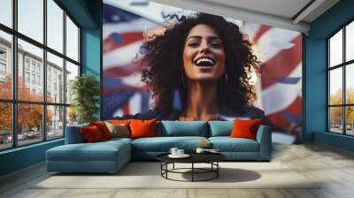 Portrait of pretty and happy american woman standing with smile, in front of american flags, shouting, celebrating victory or success. Generative ai Wall mural