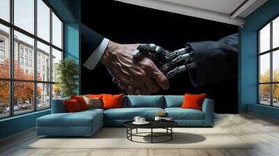 Robot and businessman hands in handshake. Business handshake between robot and human partners or friends on black background. AI technology development and human robot relationships. Generative AI Wall mural