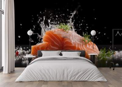 Salmon sliced in ice. Fresh raw salmon fish fillet with cooking ingredients, Fresh salmon piece with herbs and lemon isolated on black background, wild atlantic fish. Generative AI Wall mural