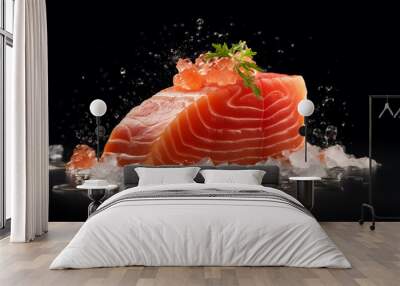 Salmon sliced in ice. Fresh raw salmon fish fillet with cooking ingredients, Fresh salmon piece with herbs and lemon isolated on black background, wild atlantic fish. Generative AI Wall mural