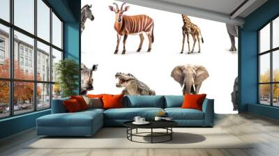 Set of African Animals painted on a white background in a realistic render. Ideal for teaching materials, books and nature-themed designs poster banner.Generative AI Wall mural