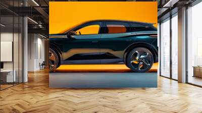 Side View of a modern dark blue SUV car Isolated on orange background. SUV automobile car concept in studio on orange background. Generative ai Wall mural