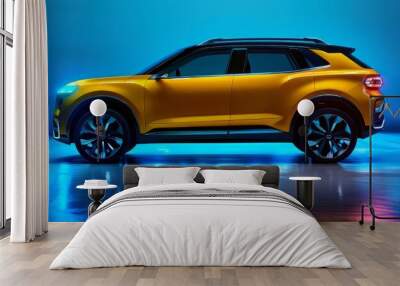 Side View of a modern yellow SUV car Isolated on black background. SUV automobile car concept in studio on orange background. Generative ai Wall mural