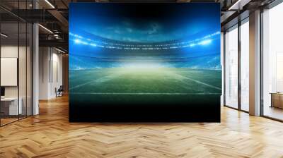 Soccer stadium grass field illuminated by spotlights and empty green soccer grass playground, arena or stadium digital background advertisement background . Generative AI Wall mural