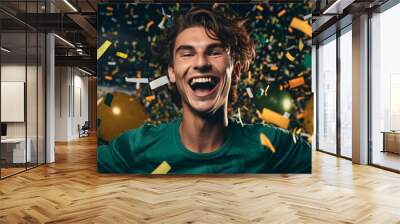 Winner! Portrait of a happy male soccer sport player in green jersey celebrating winning with gold confetti falling. Excited sports fans wearing green clothes celebrating the victory. Generative ai Wall mural