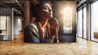 woman prayer sitting in church. man praying for god in the church and Jesus giving blessing. Thank you to God for great is your love. Faith in religion and belief in God. Generative ai Wall mural