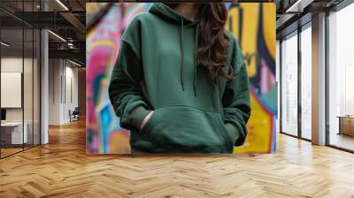 young woman with a green hoodie and a wall with graffiti in the background. girl stays outdoor against graffiti wall, exuding urban chic.. Clothing mockup. Generative ai Wall mural