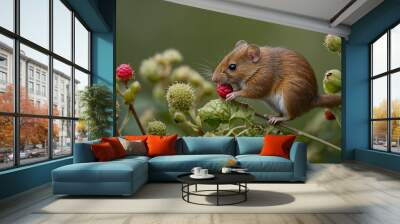 A small brown mouse is eating a red berry off a green plant. Wall mural