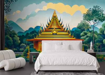 Thai Temple with blue sky : AI Generative, not upscale Wall mural