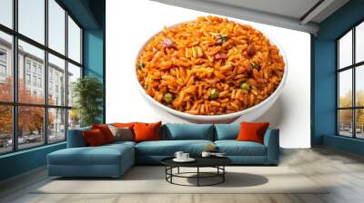 A bowl of mouthwatering Jollof rice, a popular West African dish, with a vibrant red color and a mixture of green peas and tomatoes. The rice is cooked to perfection, with a fluffy texture and a savor Wall mural