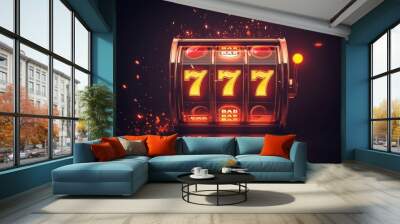 A classic casino slot machine with glowing reels displaying the lucky 777 jackpot. Sparks fly from the machine, symbolizing excitement, fortune, and the thrill of gambling. The image represents succes Wall mural