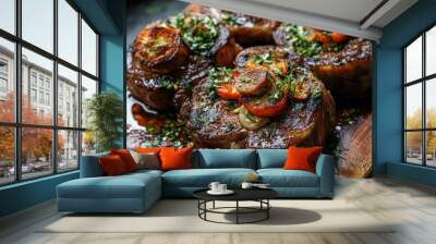 A close-up of four braised beef shanks served on a wooden board with a garnish of fresh herbs, vegetables, and garlic. The beef is tender and flavorful Wall mural