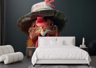 A close-up shot of a chicken wearing a hat, looking directly at the camera with a comical expression. The image symbolizes humor, individuality,  unexpectedness,  and animal intelligence. Wall mural