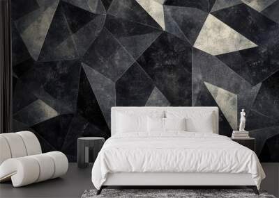 A dark and gritty abstract background featuring a geometric pattern of triangles with a distressed, textured effect. This image symbolizes complexity, contrast, and depth. Wall mural