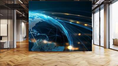 A digital representation of the Earth with glowing lines extending outward, symbolizing global connection, communication, technology, and the interconnectedness of the world. Wall mural