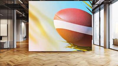 A football resting on a palm frond against a bright blue sky, symbolizing the start of summer, fun, leisure, and the upcoming football season. Wall mural