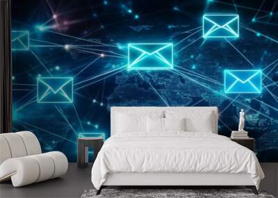 A futuristic illustration of a global network with glowing email icons connected by lines, symbolizing communication, internet, digital, technology, and connection. Wall mural