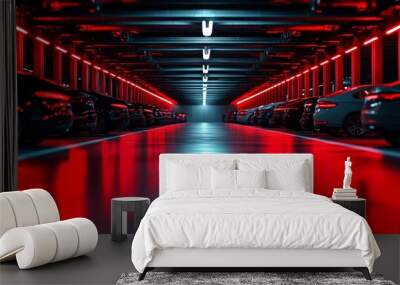 A futuristic parking garage illuminated with vibrant red neon lights, showcasing a sleek and modern design with rows of parked cars and a long, narrow perspective. This image represents innovation, te Wall mural