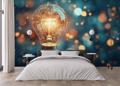 A glowing light bulb symbolizing new ideas, innovation, inspiration, creativity, and business growth, set against a backdrop of sparkling bokeh lights. Wall mural