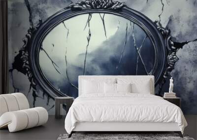 A gothic-style oval mirror with a cracked glass surface reflects a dark and mysterious scene. The mirror is set against a backdrop of cracked plaster, creating a sense of decay and fragility. The imag Wall mural