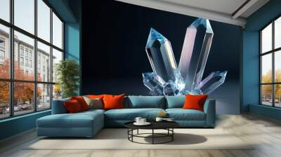 A group of geometric crystals with a  glowing blue hue, symbolizing the beauty, power, and clarity of minerals.  The crystals are arranged in a dynamic composition, showcasing their multifaceted forms Wall mural