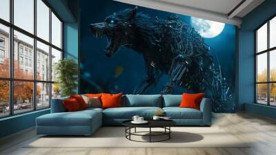 A robotic werewolf stands tall under a full moon, its metallic fur and glowing eyes signifying a fusion of nature and technology. This image evokes themes of transformation, the wild, and the future o Wall mural